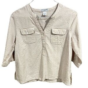 Rebecca Malone Tan White Gingham Smock Cotton Blouse Size PS Cottagecore